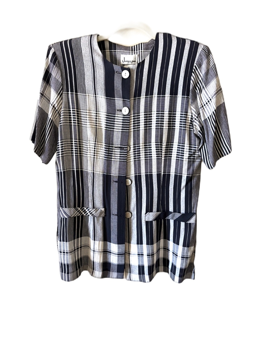 Justin B. Jones New York Black & White Plaid Blouse (Size 8) Rare Find